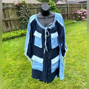 March 11 Eleven women’s 100% linen dress‎ LARGE patchwork blue peasant lagenlook